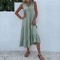Sage green V-neck sleeveless tiered midi dress in a flowy summer casual style - S / Mint Green