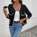 Classic black tweed jacket with white wavy trim and elegant textured knit design - S / Black