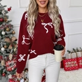 Jersey navideño granate para mujer con estampado de lazos blancos y cuello redondo - S / Burdeos
