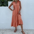 Summer sleeveless tiered maxi dress in coral orange with V-neck and decorative buttons - Orange