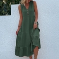 Sleeveless V-neck tiered midi dress in forest green with button details for women - S / Green