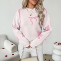 Jersey navideño rosa con estampado de lazos y cuello redondo para mujer en estilo invernal - S / Blanco Roto