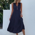 Dark blue sleeveless V-neck tiered maxi dress with button details for summer casual style - Navy Blue