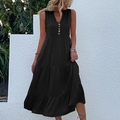 Deep grey sleeveless V-neck maxi dress with tiered skirt and button details - Black