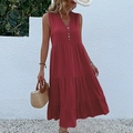 Summer sleeveless burgundy maxi dress with V-neck, wood buttons and tiered skirt details - Burgundy