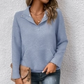 Morandi blue waffle knit long sleeve top with polo collar and kangaroo pocket - S / Light Blue