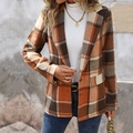Giacca blazer vintage a quadri arancioni da donna con rever e tasche con patta - S / Arancione Cachi