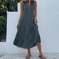 Women's V-neck sleeveless dark grey tiered dress featuring decorative front buttons - Dark Gray