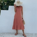 Bohemian tiered midi dress in dusty rose featuring a V-neckline and button detail - Redwood