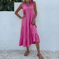Women's summer V-neck sleeveless button tiered maxi dress in vibrant rose pink - Rose Red