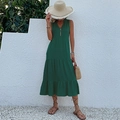 Women's summer V-neck sleeveless maxi dress in dark green featuring tiered cake skirt - Dark Green