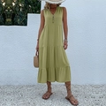 Olive green sleeveless V-neck summer tiered maxi dress with button details for women - Yellow-Green