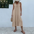 Sleeveless V-neck tiered maxi dress in apricot beige with decorative buttons for summer - Khaki
