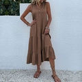 Summer brown sleeveless V-neck maxi dress with decorative buttons and tiered cake skirt - Coffee Brown
