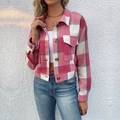 Pink and white plaid cropped jacket for women featuring button front and lapel collar - Rose Red