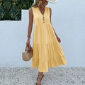 Summer bright yellow sleeveless V-neck tiered midi dress with button details - Goose Yellow