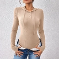 Slim fit khaki ribbed knit long sleeve bodysuit with hood and buttoned neckline detail - S / Khaki