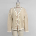 Women's V-neck beige knit cardigan with white bow tie closures and ribbed edges - S / Khaki
