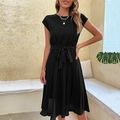 Short sleeve pleated midi dress in black with high waist tie belt and crew neckline - S / Black