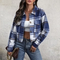 Women's cropped brushed plaid jacket in blue and white with amber buttons and flap pockets - Haze Blue