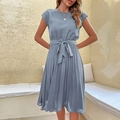 Elegant dusty blue pleated midi dress with short sleeves and matching waist tie belt - Light Blue