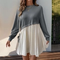 Women's dark grey and beige patchwork long sleeve mini dress with a pleated hem - Dark Gray