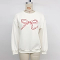 Cream long sleeve crewneck sweatshirt featuring a minimal red bow graphic print - S / Beige
