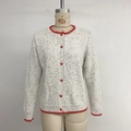 Women's white speckled knit cardigan with red heart buttons and ribbed contrast trim - S / Light Gray