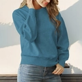 Minimalist deep peacock blue crew neck knit sweater with ribbed cuffs and hem - S / Haze Blue