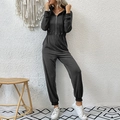 Women's black hooded long sleeve jumpsuit with zip front and elastic waist casual fit - Dark Gray