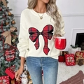Pull en maille crème chic avec nœud écossais rouge pour un style de fête de Noël - S / Blanc Cassé