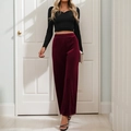 Elegant wine red velvet wide-leg trousers with front seam paired with a black crop top - S / Burgundy