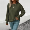 Women's dark green crewneck knit sweater with pocket and loose fit casual style - L / Army Green