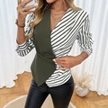 Slim fit wrap blouse with dark green and diagonal stripe patchwork and V-neckline - S / Green