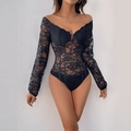 Eleganter schwarzer Spitzenbody mit langen Ärmeln, V-Ausschnitt und schulterfreiem Design - S / Schwarz