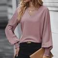 Blouse élégante mauve à col en V avec manches lanterne plissées et poignets élastiques - S / Rose