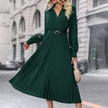 Robe midi élégante vert foncé à manches longues, col en V, ceinture et jupe plissée - Vert Foncé