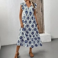 Vintage Kleid mit blau-weißem Geometriemuster, V-Ausschnitt und Rüschenärmeln - S / Blau