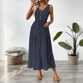 Vestido largo sin mangas gris azulado oscuro con cuello en V y cordón en la cintura - S / Azul Marino