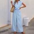 Elegant blue and white striped V-neck wide leg jumpsuit with waist tie and pockets - S / Blue