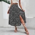 Bloemen midi-rok met hoge taille en zijsplit in zwart-wit zomerse print - S / Zwart