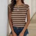 Brown and white striped sleeveless summer top featuring gold shoulder button details - Coffee Brown / XL