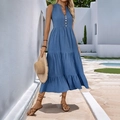 Blue sleeveless maxi dress with tiered skirt and wood button detail for summer vacations - S / Blue