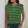T-shirt femme à rayures horizontales vertes et blanches avec boutons décoratifs sur l'épaule - S / Rayé Vert