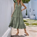 Sleeveless sage green V-neck midi dress with button detail and layered tiered skirt - S / Green