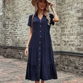 Robe chemise bleu marine à manches courtes avec jupe à volants et boutons - S / Bleu Marine