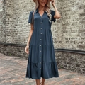 Robe chemise midi bleu marine à manches courtes avec col en V et jupe à volants - S / gris foncé