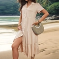Short sleeve apricot shirt dress with tiered skirt and silk-like finish for summer wear - Apricot