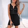 Women's black sleeveless romper with zipper V-neck and drawstring waist in street style - S / Black