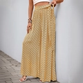 Pantalones bohemios dorados de pernera ancha con cintura alta, mandalas y cinturón de lazo - S / Amarillo